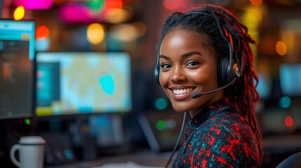Dedicated 311 operator providing essential community information and support. Smiling employee in busy help center, ensuring smooth communication