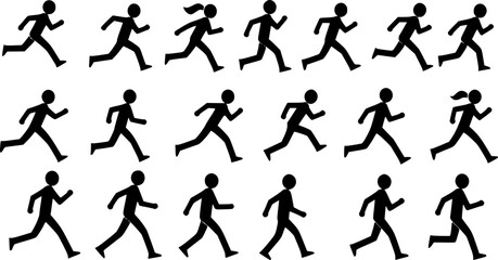 Naklejka premium Stickman icons. Stick figures black silhouettes showing various poses and gestures, running, meditating and jumping. Ideal for infographics, design and app interfaces. Minimalist vector illustration