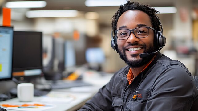 Focused helpline operator working in 311 service center answering calls and providing information. Warm and approachable support agent assisting residents