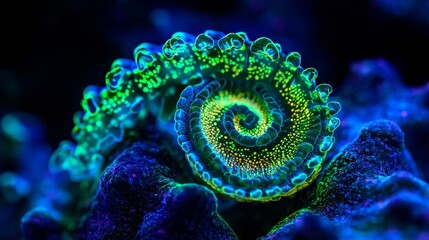Obraz premium A close-up view of a spiral-shaped Campylobacter jejuni bacterium, illuminated with soft neon green and blue holographic lighting, in a highly detailed 3D style, futuristic