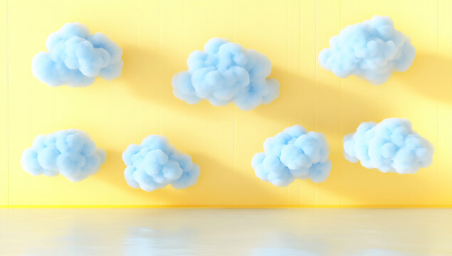 minimalist yellow background with blue clouds, simple geometric shapes,