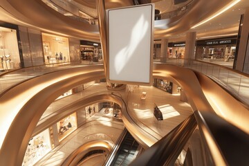 Blank advertising billboard in a luxurious shopping mall with golden accents