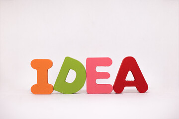 Idea word in colorful letters on white background