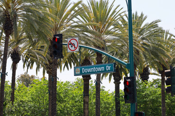 The Downtown Dr sign on the intersection light at Anaheim, California.