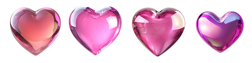 Shiny Pink Glass Hearts - Romantic 3D Love Symbol for Valentine's Day and Wedding Designs - Isolated on Transparent Background