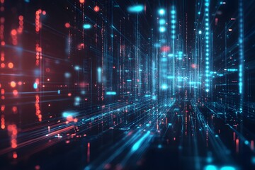 Abstract Digital Cityscape, glowing lines and data