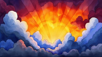 Fototapeta premium A serene watercolor scene capturing Ascension Day, with soft hues and radiant sunlight filtering through tranquil clouds.