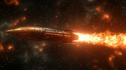 Obraz premium Retro spaceship launching through space, fiery trail.