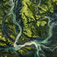 Fototapeta premium Aerial View of Winding River Flowing Through Green Mossy Landscape
