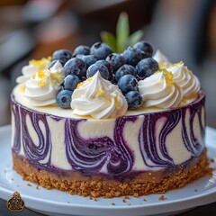 Blueberry Swirl Cheesecake: A delectable blueberry swirl cheesecake sits enticingly, adorned with fresh blueberries and delicate cream, inviting indulgence.