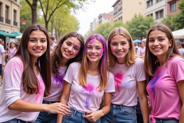 Fototapeta na wymiar Five Young Women with Brown and Blonde Hair in Casual Pink T-Shirts Celebrate Vibrantly at a Colorful Outdoor Festival, Smiling and Embracing Together