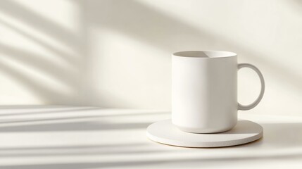  Minimalist mug mockup with coaster in soft sunlight, ideal for branding and design presentations.