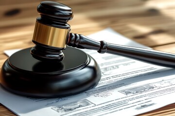 Black Gavel on Legal Document on Wooden Table