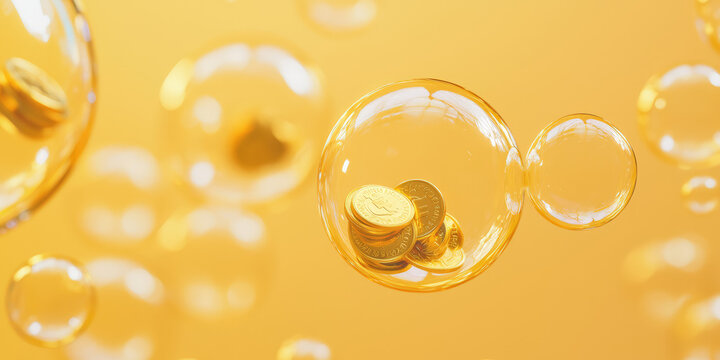 Soap bubbles with coins inside fly. Decentralized finance DeFi concept.