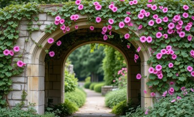 Floral archway in a lush garden