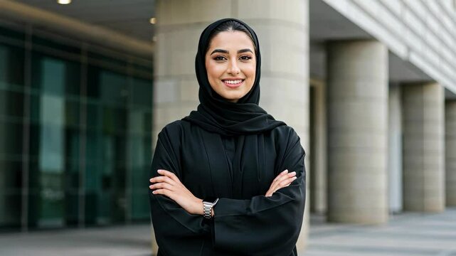 A professional Muslim woman in hijab standing with arms crossed outside a modern office building, exuding confidence and success.
