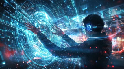 A modern software developer analyzing data on a high-resolution monitor, glowing data streams in the air, futuristic tech lab, soft blue neon lighting