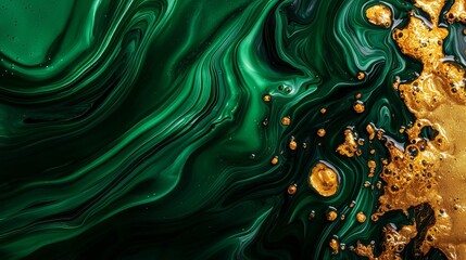 Acrylic fluid pour art, dark green swirling ocean meeting golden foam, marble-like backdrop, abstract texture, glossy effect, smooth blending