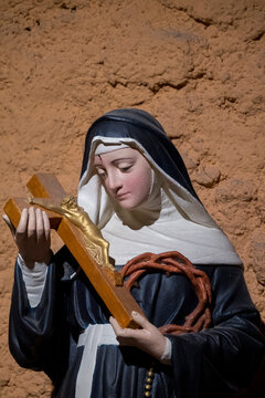 Statue (19th century) of Saint Rita of Cascia or Sainte Rita de Cascia, Patroness of hopeless causes. Saint of the Roman Catholic Church.