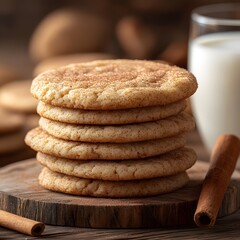Warm Snickerdoodle Delight: A stack of freshly baked snickerdoodle cookies, their cinnamon-sugar crust glistening, next to a glass of milk, evoking warmth and comfort