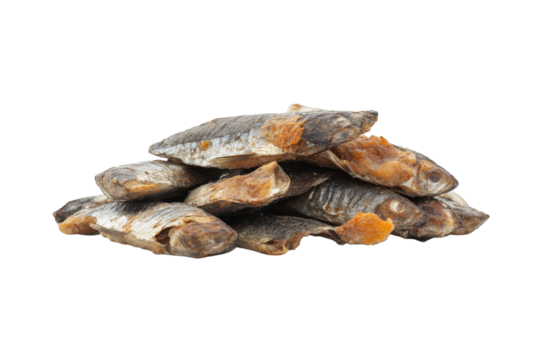 Dried fish stacked on a white background, showcasing traditional preservation methods for seafood
