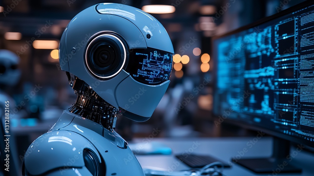 Poster advanced futuristic robot ai artificial intelligence digital technology modern computer screen blue 