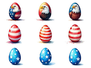 Fototapeta premium Patriotic Easter Eggs Mockup – High-Quality Editable Template with USA Flag Colors and Bald Eagle Illustration on Transparent Background for Easter Decorations, Holiday Designs, and Print Projects