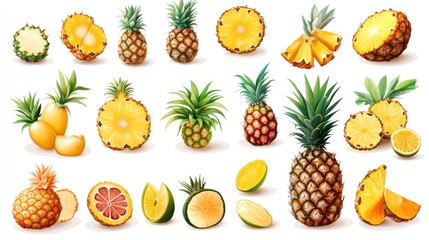 Collection of realistic pineapple and citrus slices. Illustration of tropical fruit. Useful for food, healthy eating, or background
