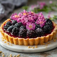 Exquisite Blackberry Tart: A mouthwatering blackberry tart, adorned with fresh, vibrant blackberries and delicate edible flowers, offering a delightful contrast of colors and textures.