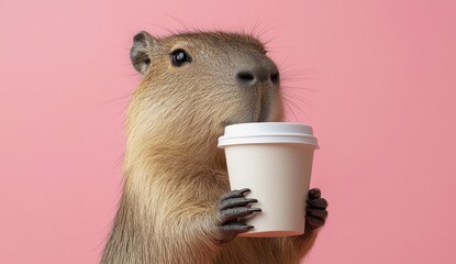 Capybara Enjoying Coffee Close up Portrait Against Pink Background