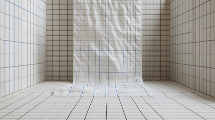 Abstract Grid Pattern Fabric Drape in Minimalist Room