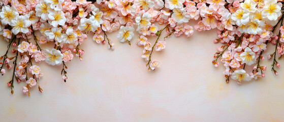 Delicate pink and yellow blossoms against soft neutral background create serene atmosphere