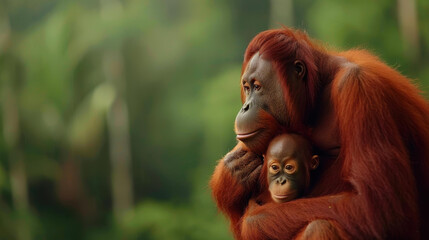 Discover the bond between a young orangutan and its mother in this heartwarming portrait of family and wild beauty.