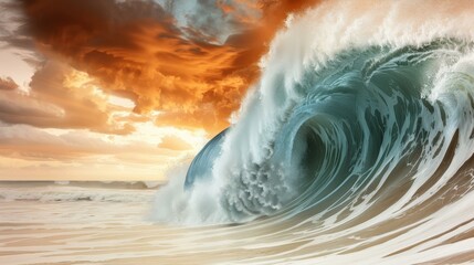 Experience the thrill of an apocalyptic scene with massive tsunami waves crashing against the dark, stormy sky.