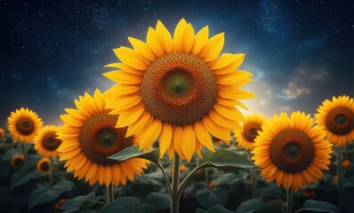 Vibrant sunflowers under starry sky