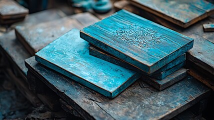 Teal Blue Carved Wooden Blocks Rustic Texture Background