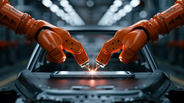 Automotive engineer uses digital tablet in advanced car factory, operating with cuttingedge robotic arms for efficiency.