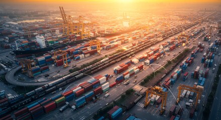 Aerial View of Shipping Port with Cargo Containers at Sunset