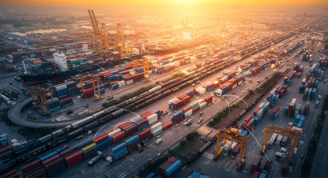 Aerial View of Shipping Port with Cargo Containers at Sunset
