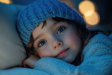 Close-up Portrait of a Dreamy Child in a Blue Knit Hat, Resting on a Soft Pillow at Night