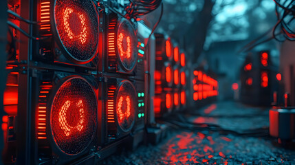 Glowing Red And Blue Servers In A Dark Outdoor Setting