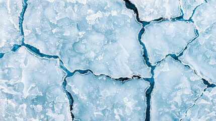 Abstract frozen ice surface with deep cracks and blue textures