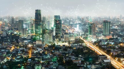 Naklejka premium Modern cityscape with network connections overlay.