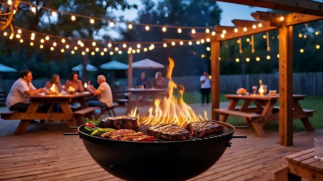 Outdoor barbecue with a fire pit surrounded by picnic tables under string lights during the evening
