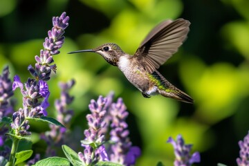 Fototapeta premium Hummingbird Hovering Near Purple Lavender Blossoms in Sunlight