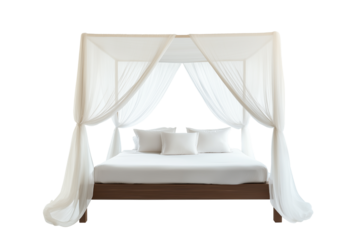 Modern canopy bed with sheer white drapes isolated on transparent white background