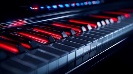 Fototapeta premium Stylish black digital piano, AR touch interface displaying sound effects, connectivity features, and real-time feedback, high-tech music aesthetics