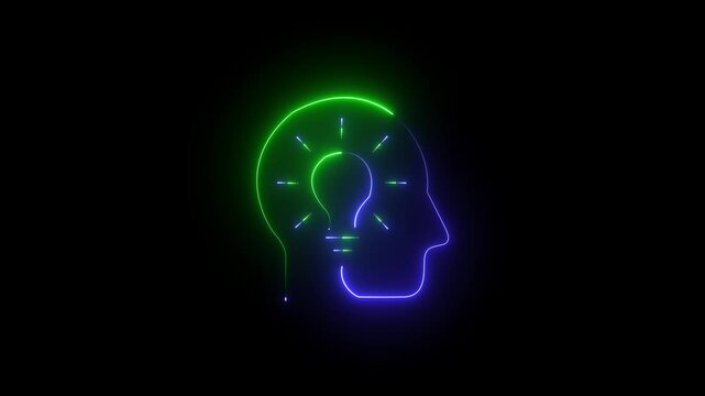 abstract neon head and bulb icon animation black background . A glowing light bulb that have a glowing human brain inside.