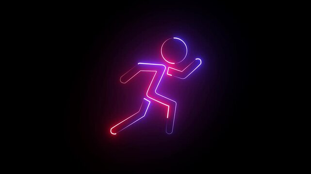 Pictogram of a running man on black background , Running neon sign appear in center and disappear after some time.