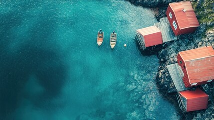 Aerial view of red cabins by clear blue water with boats, showcasing coastal tranquility.